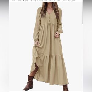 Beige Tiered Button-Front Maxi Dress w/ Pockets Large